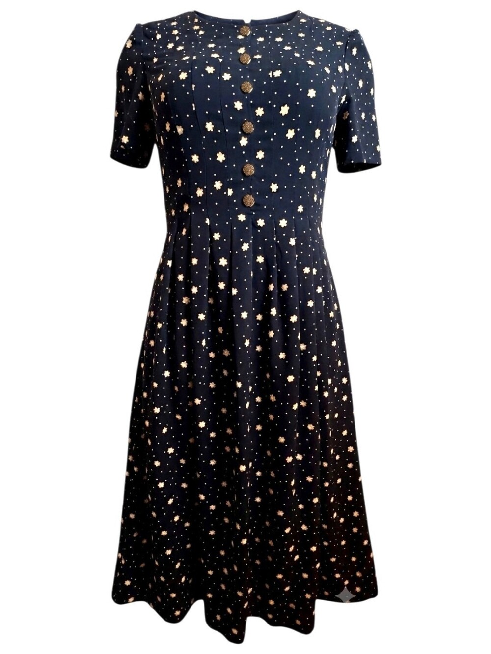 Vintage DW3 for David Warren Black Floral Star & Polka Dot Midi Dress - Size 12